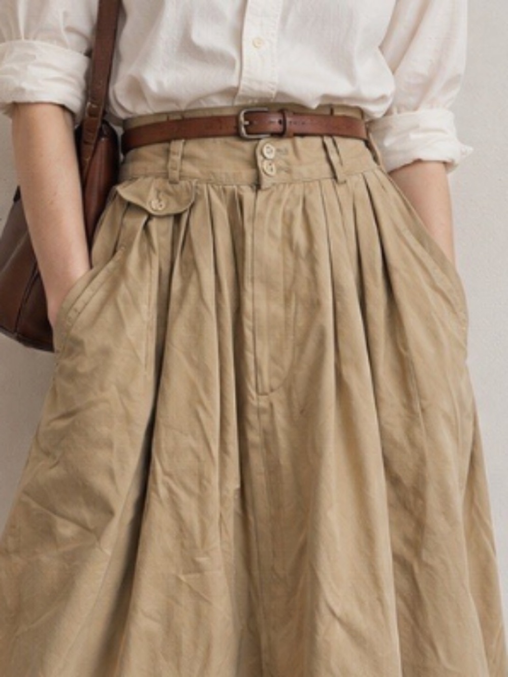 Vintage Ralph Lauren Heavy Cotton Twill Pleated Midi Skirt Khaki Safari XS 26"